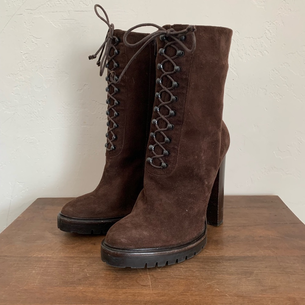 Amanda Gregory Gregory Short Lug Sole Lace Up Boot Brown Suede sz 39
